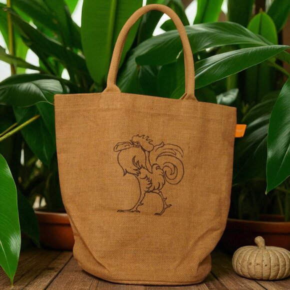 Cute! BRINGIT Reusable Burlap Tote Bag with Rooster Print - Picture 1 of 3